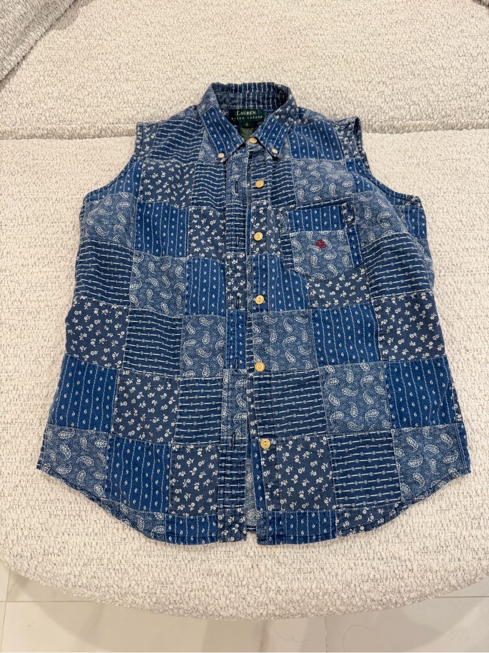 Lauren Ralph Lauren Patchwork Blue Sleeveless Button Down Top